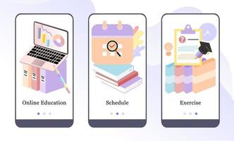 e-learning mobiele app onboarding schermen. online onderwijs, schema en oefening. menu vector banner sjabloon voor website en ui mobiele ontwikkeling. website ontwerp 3d isometrische vlakke afbeelding.