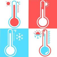 set van Celsius en Fahrenheit meteorologie thermometers meten van warmte en koude, vectorillustratie. thermometerapparatuur die warm of koud weer laat zien. set medicijnthermometers in vlakke stijl. vector