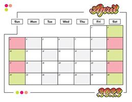 april kleurrijk schattig 2022 maandelijkse kalenderplanner afdrukbaar vector