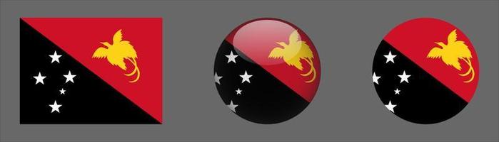 Papoea-Nieuw-Guinea vlaggenset collectie, originele maatverhouding, 3D afgerond en plat afgerond. vector
