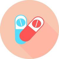 medische pil in cirkelpictogram met lange schaduwen. geneeskunde, apotheek, ziekenhuis van medicijnen. medicatie, farmacie concept. vectorillustratie. drugs platte pictogram. pil, capsule. gezondheidszorg geneeskunde icoon. vector