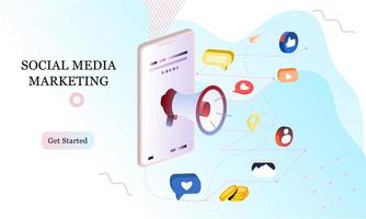 bestemmingspagina 3d isometrisch van social media marketing. communicatie in sociale netwerken. afbeelding van mobiele telefoon, laptop met chat, likes en geld voor infographics, banner, website, promotiemateriaal. vector