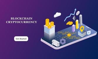 moderne platte ontwerp isometrische achtergrond van blockchain en cryptocurrency voor banner en website. sjabloon voor bestemmingspagina's. virtuele contante transactie, cryptocurrency blockchain-concept. vector illustratie