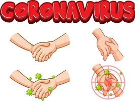 coronavirus-lettertypeontwerp met virusverspreiding door handen schudden op witte achtergrond vector