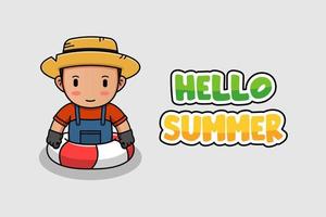 schattige boer zwemmen met hallo zomer groet banner vector