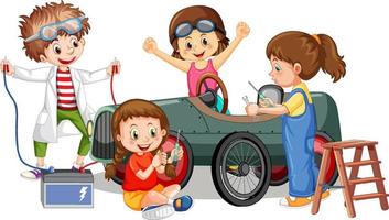 kinderen die samen een auto repareren vector