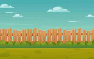 illustratie van houten hek met blauwe lucht en groen gras vector
