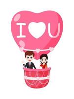 gelukkig schattig jongen en meisje karakter vliegen met hart vorm liefde hete luchtballon op witte achtergrond en met ik hou van jou tekst vector