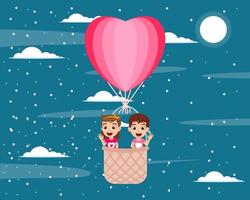 gelukkig schattig kind jongen en meisje karakter vliegen met hete lucht hart vorm valentijn ballon met vleugels en zwaaien op de hemelachtergrond met wolken vector