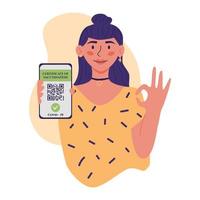 certificaat van vaccinatie vector platte illustratie jonge vrouwen die smartphone met vaccin qr-code in mobiele app tonen