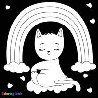 mooie kitty zittend op de wolk met regenboog. zwart-wit vectorillustratie voor het kleuren van boek vector