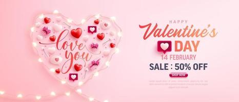 happy Valentijnsdag verkoop poster of banner met symbool van hart van led lichtslingers en Valentijn elementen op roze achtergrond. promotie- en winkelsjabloon voor liefde en valentijnsdagconcept. vector
