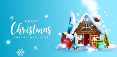 ontwerp van de achtergrond van Kerstmis vector. vrolijke kerstgroettekst met miniatuurhuis, bomen en balelementen in sneeuwvorst xmas vakantieviering. vector illustratie
