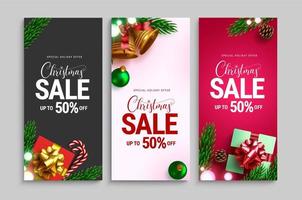 kerst verkoop vector poster set. kerst verkoop vakantie aanbieding tekst met promo korting voor kerst seizoensgebonden winkelen advertentie banner collectie. vectorillustratie.