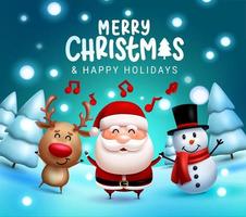 kerst tekens vector ontwerp. merry christmas tekst met zingende kerstman, rendieren en sneeuwpop karakters op besneeuwde achtergrond voor xmas wenskaart. vector illustratie