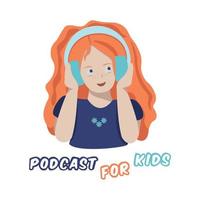 gelukkig klein roodharig meisje luister podcast voor kinderen in blauwe koptelefoon vector