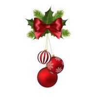 kerstballen met rode strik hulstbessen en dennenboomtak vector
