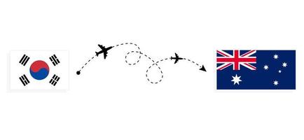 vlucht en reis van Zuid-Korea naar Australië per reisconcept voor passagiersvliegtuigen vector