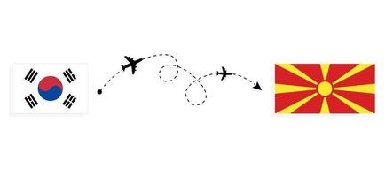 vlucht en reis van Zuid-Korea naar Macedonië per reisconcept voor passagiersvliegtuigen vector