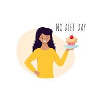 geen dieetdag. een vrouw houdt een bord cupcake in haar handen. vector