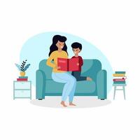 internationale kinderboekendag. een moeder leest een boek voor aan een kind. familie in het interieur. vectorillustratie met mensen in een vlakke stijl. vector