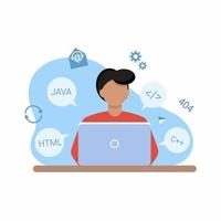 internationale dag van webmasters. de programmeur zit achter de computer. vectorillustratie op het gebied van ontwerp, programmeren, freelancen. vector