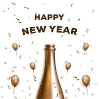 gelukkig nieuwjaarsontwerp met gouden champagnefles en gouden strik. vector ontwerp