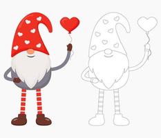 schattige valentijnskabouter met een rode hartvormige ballon. platte vectorillustratie voor st. valentijnsdagcadeau, kaart, print, decoratie. kabouter in kleur en omtrek. vector