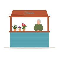 kraam tellers. voedselmarktteller met bloemen op planken. kiosk op witte achtergrond vector