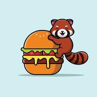 schattige rode panda op hamburger cartoon vector pictogram illustratie.