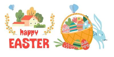 gelukkig Pasen. een mand met beschilderde eieren. vectorillustratie. vector