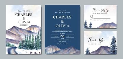 aquarel bruiloft uitnodiging set van winterlandschap met berg- en pijnbomen vector