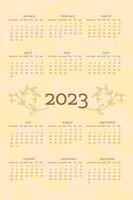 2023 kalender in delicate natuurlijke trendy stijl versierd met botanische bloemen handgetekende takbladeren. verticaal formaat. licht pastelgroene kleur. week begint op zondag. vector