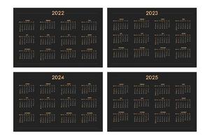 2022 2023 2024 2025 kalender voor persoonlijke planner dagboek notebook, goud op zwart luxe rijke stijl. horizontaal liggend formaat. week begint op zondag vector