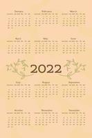 2022 kalender in delicate natuurlijke trendy stijl versierd met botanische bloemen handgetekende takbladeren. verticaal formaat. licht pastelgroene kleur. week begint op zondag. vector