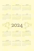 2024 kalender in delicate natuurlijke trendy stijl versierd met botanische bloemen handgetekende takbladeren. verticaal formaat. licht pastelgroene kleur. week begint op zondag. vector