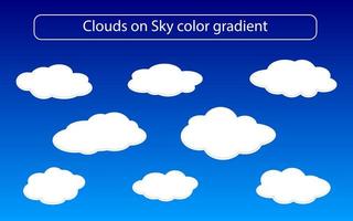 eenvoudige platte wolk vorm set gemaakt op hemel kleurverloop achtergrond, met de hand getekende eenvoudige wolk vectorillustratie. vector