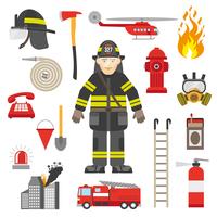 Brandweerman Professionele apparatuur plat pictogrammen collectie vector