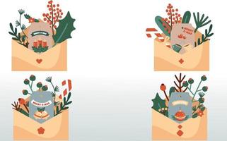 set enveloppen met een wenskaart, dennentakjes en decor. kerstgroeten concept. vector illustratie