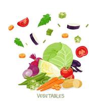 vectorcollectie van vallende groenten, tomaat, okra, kool, wortel en anderen vector