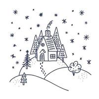 huis op de heuvelillustratie. doodle stijl. wenskaartsjabloon. winter seizoensgebonden illustratie voor print, banner, achtergrond, wenskaarten en uitnodigingskaarten decoratie en ontwerp vector