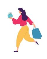 illustratie van een meisje met winkelen. vector. positieve vlakke afbeelding in cartoon-stijl. kortingen en verkoop. shopaholic winkelen. online verkoop. koper van goederen. vector