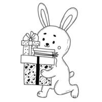 schattig konijntje met geschenken. vectorillustratie in de hand getrokken doodle stijl vector