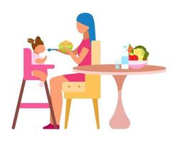 moeder voeding baby platte vectorillustratie. gezonde ingrediënten voor kleine kinderen geïsoleerde stripfiguur op witte achtergrond. fruit, groenten, zuivelproducten in uitgebalanceerde kindervoeding vector