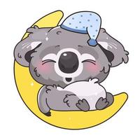 schattig koala kawaii stripfiguur vector. schattig en grappig dier slapen op maan geïsoleerde sticker, patch, kinderboekillustratie. anime baby koala in slaapmuts emoji op witte achtergrond vector