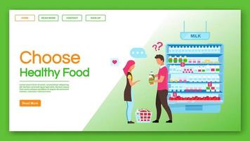 kies een vectorsjabloon voor een bestemmingspagina voor gezond voedsel. familie winkelen, consumentisme website, webpagina. consumenten die producten kopen, paar aankopen doen in stripfiguur van de supermarkt vector