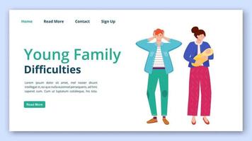 jong gezin moeilijkheden bestemmingspagina vector sjabloon. probleem relatie website-interface idee met platte illustraties. echtpaar met de lay-out van de babyhomepage, het concept van het webpaginabeeldverhaal