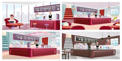 café interieur platte vector illustraties set. koffiehuisbezoeker en barista aan het werk stripfiguren. trendy houten meubelen, vintage bakstenen muren met panoramische ramen. professionele baruitrusting