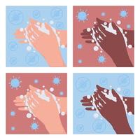 handen wassen voor hygiëne egale kleur vector illustratie set