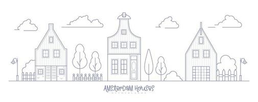 europa buurt huizen. Hollandse buitenwijk met knusse huizen. gevels van oude traditionele gebouwen in nederland. landschap overzicht vectorillustratie. vector